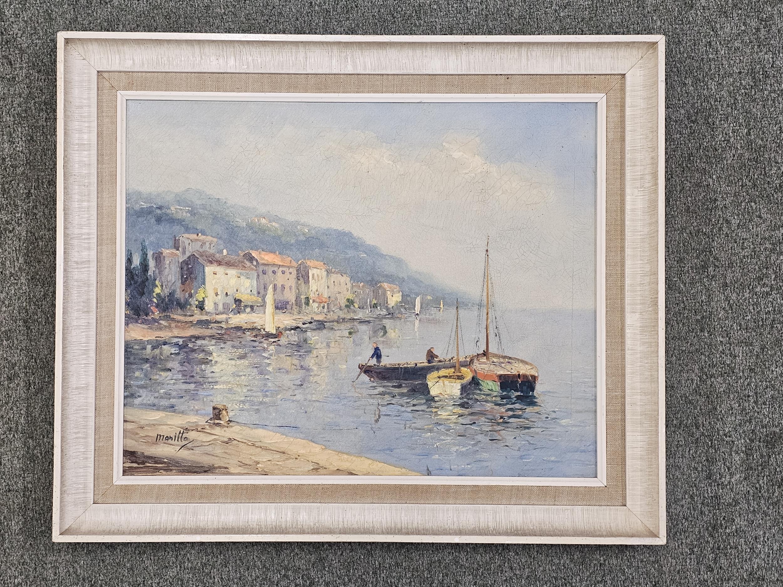 Oil on canvas, Mediterranean harbour town, signed Manillo. H.52 W.62cm. - Image 2 of 6