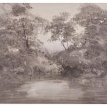 A framed and glazed watercolour, lakescape, signed Wim Kortland. H.68 W.72cm.