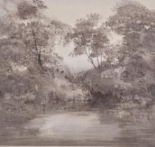 A framed and glazed watercolour, lakescape, signed Wim Kortland. H.68 W.72cm.