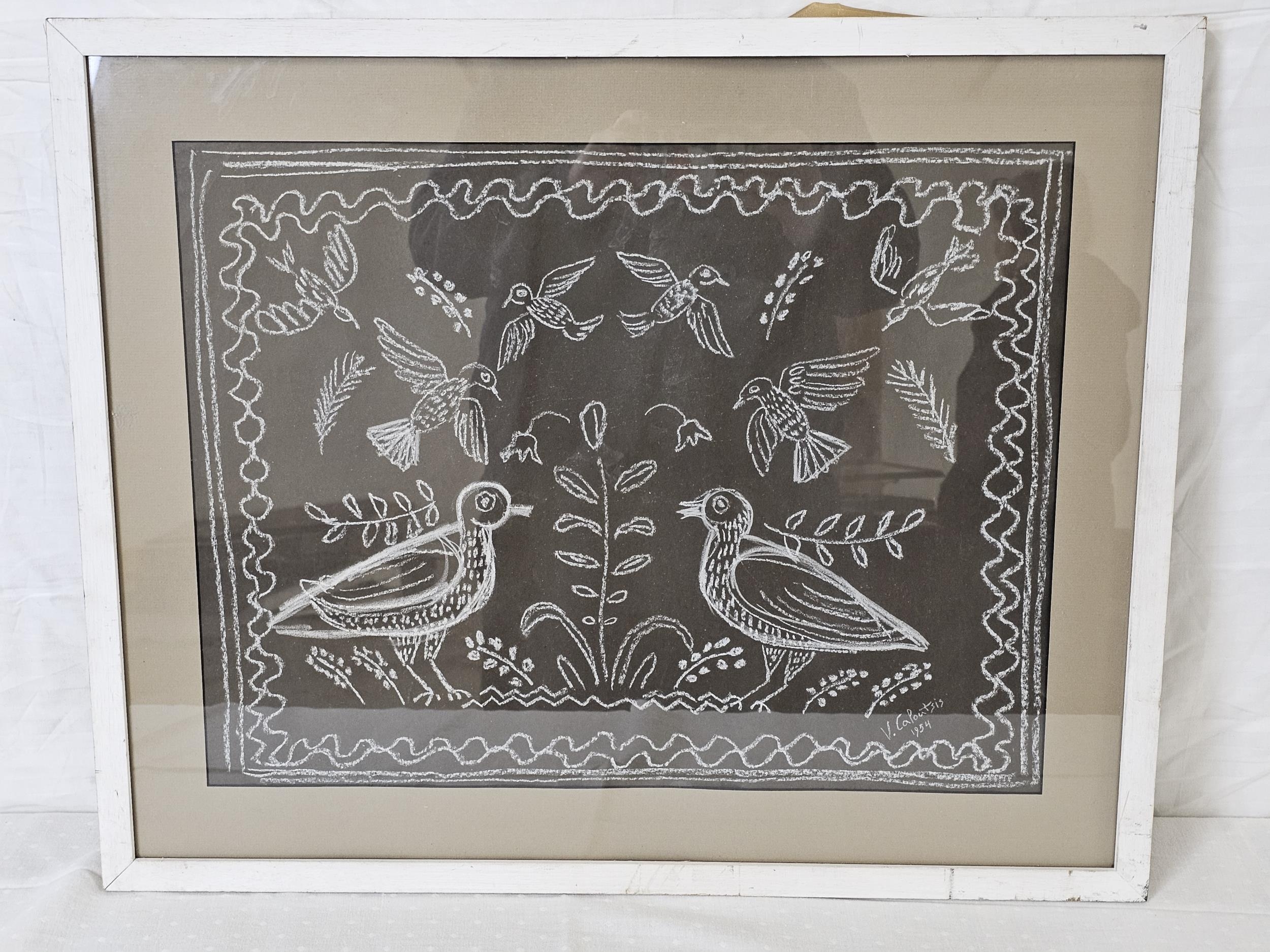 Valerios Caloutsis (1927-2014), framed and glazed chalk on paper, birds amongst foliage, signed - Image 2 of 4