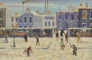 Oil on board, Lowry style industrial scene; Winter Morning, signed Henry Harvey. H.37 W.50cm.