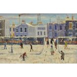 Oil on board, Lowry style industrial scene; Winter Morning, signed Henry Harvey. H.37 W.50cm.