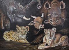 A framed and glazed acrylic, animal studies, signed David du Plessis. (Comes with information pack