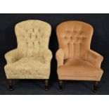 A pair of Victorian style armchairs in differing upholstery.