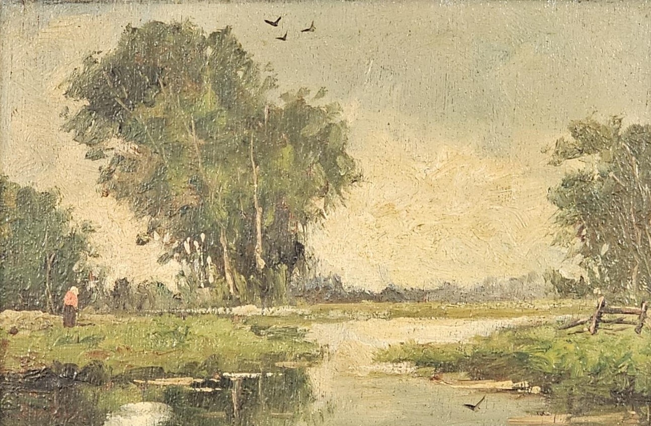 A 19th century oil on panel, riverscape, gilt framed. H.31 W.40cm.