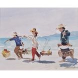 A framed and glazed watercolour, figures on a beach, signed and dated. H.60 W.70cm.