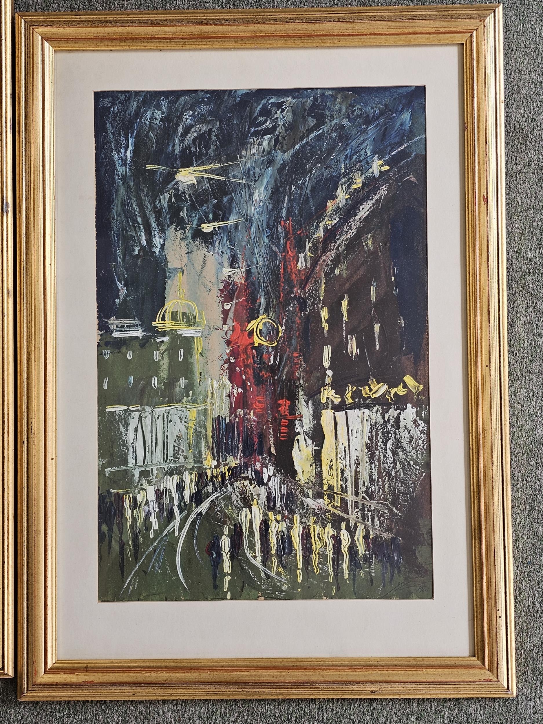 A pair of framed mid century impasto cityscape works, indistinctly signed. H.60 W.43cm. - Image 3 of 8
