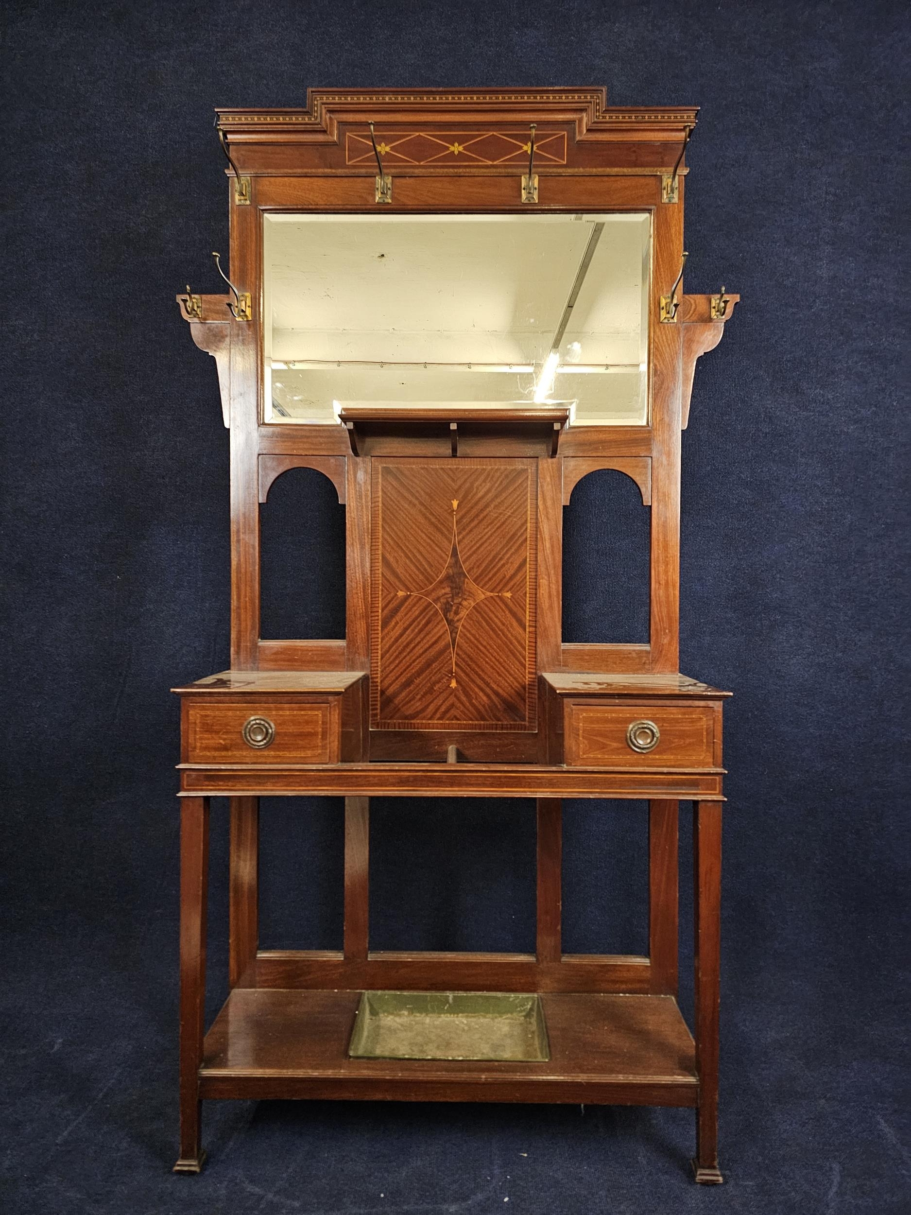 Hallstand, Edwardian mahogany and satinwood inlaid. H.198 W.94 D.30cm.