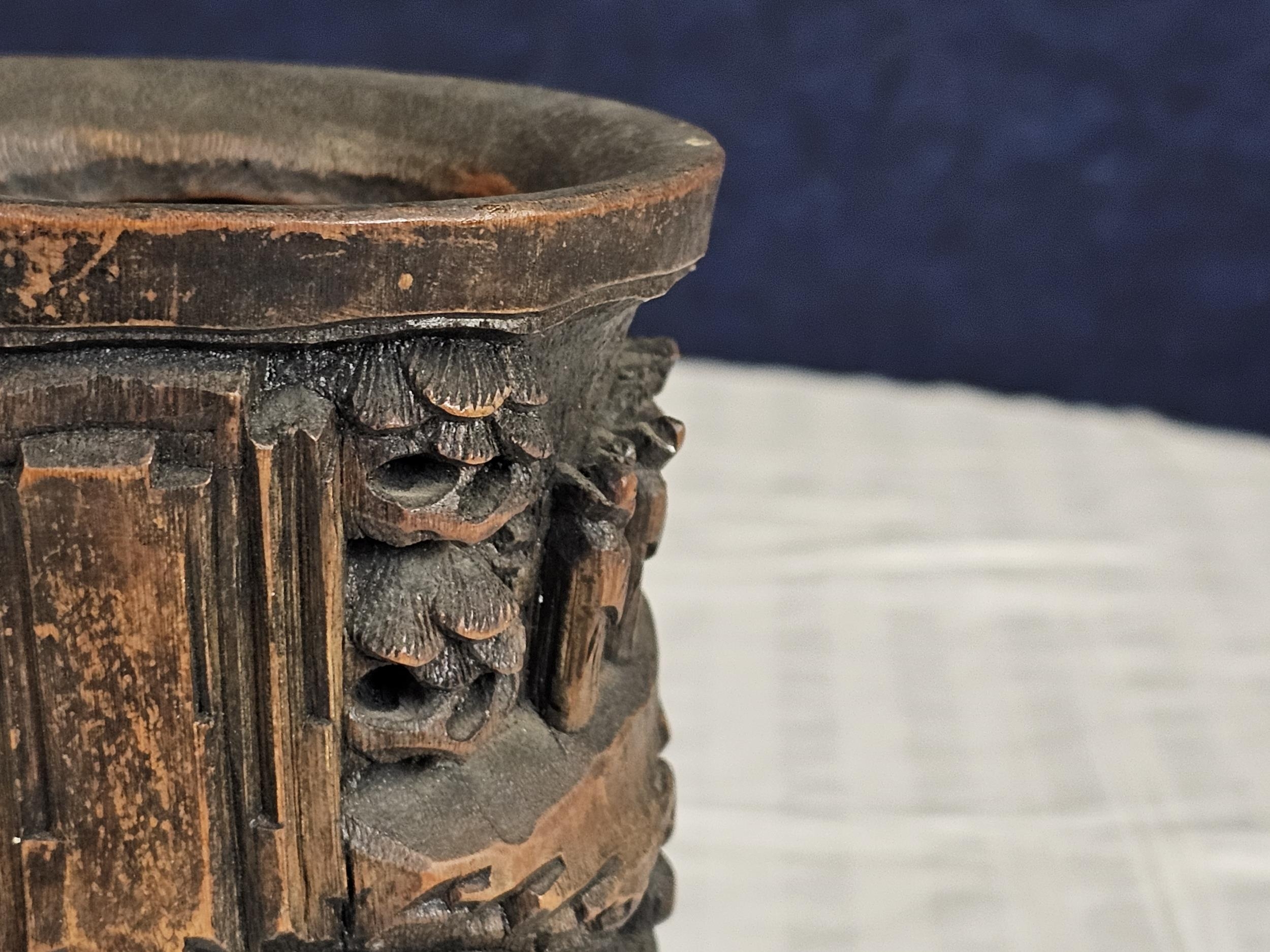 A Chinese God Longevity lamp along with two Chinese Bamboo brush pots. Vase is H.60cm. Pots are H.19 - Image 3 of 6