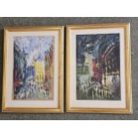 A pair of framed mid century impasto cityscape works, indistinctly signed. H.60 W.43cm.