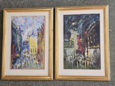 A pair of framed mid century impasto cityscape works, indistinctly signed. H.60 W.43cm.