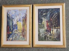 A pair of framed mid century impasto cityscape works, indistinctly signed. H.60 W.43cm.