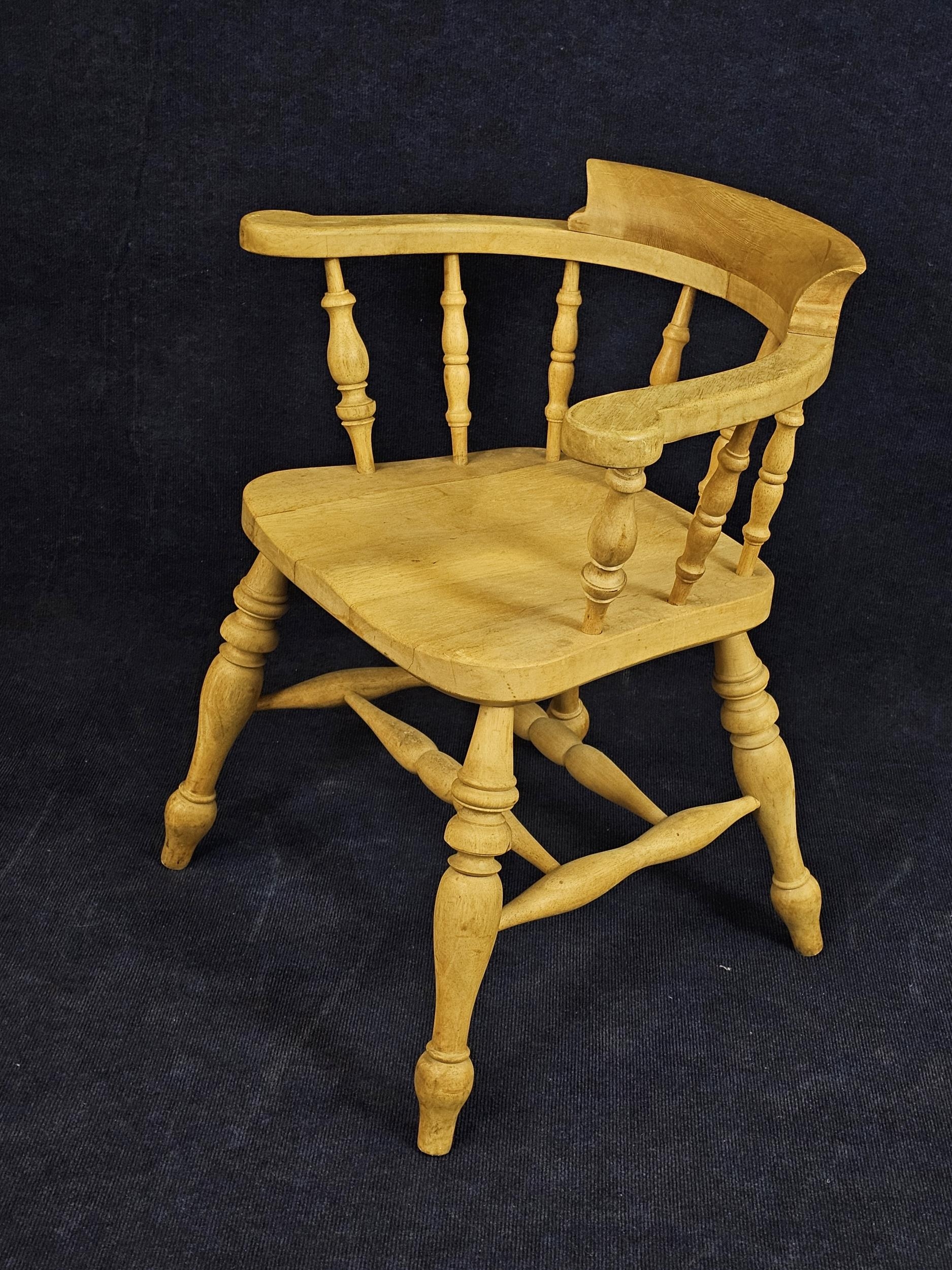 A set of four pitch pine smokers bow back armchairs. - Image 5 of 7