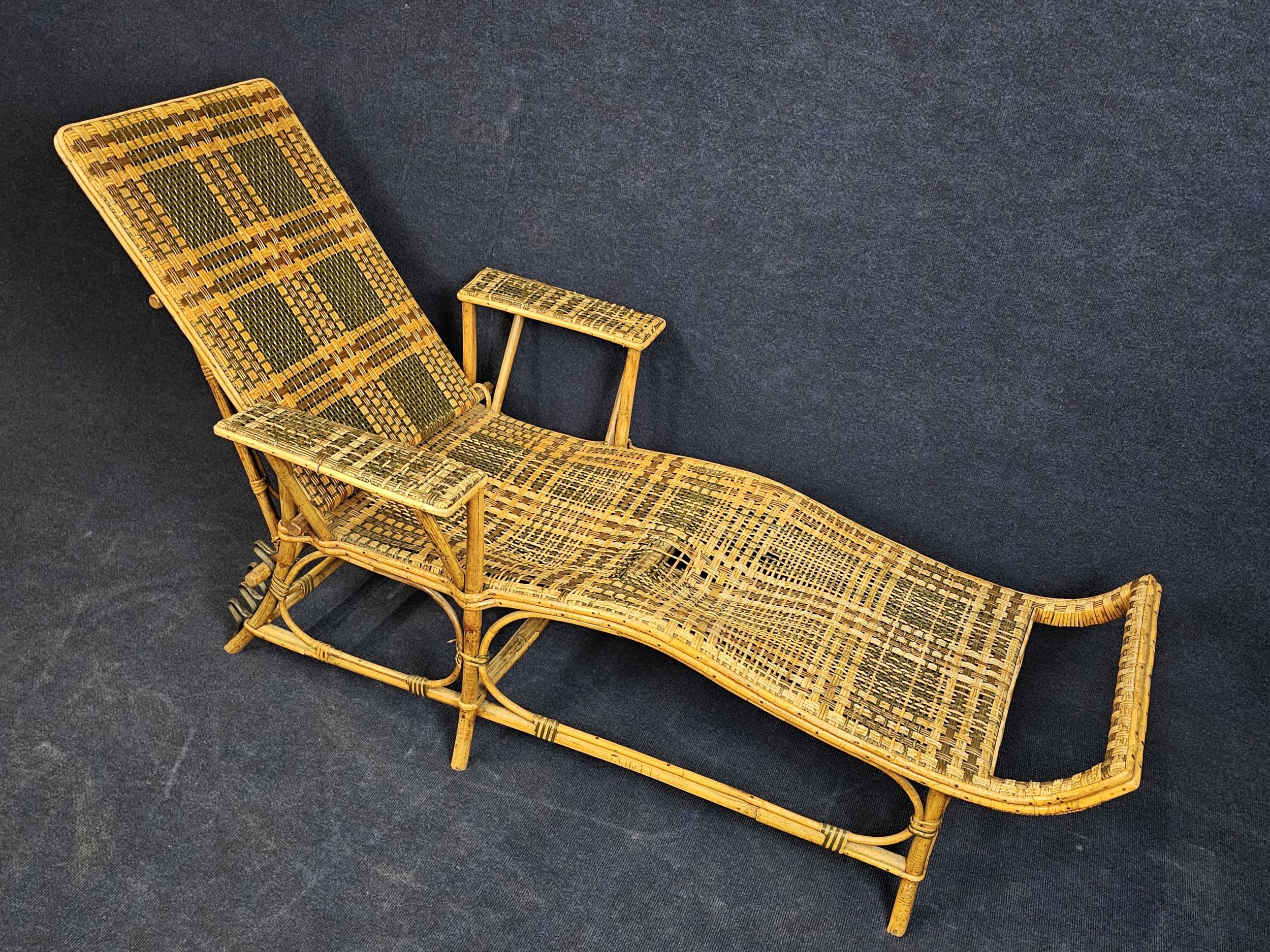 A mid century bamboo and wicker steamer lounger. H.90 W.180 L.78cm. - Image 2 of 9