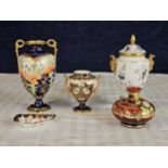 A collection of Crown Derby, Coalport porcelain and a Bohemian glass vase. Tallest is H.21cm and has