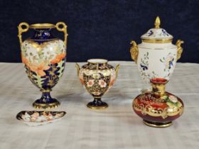 A collection of Crown Derby, Coalport porcelain and a Bohemian glass vase. Tallest is H.21cm and has