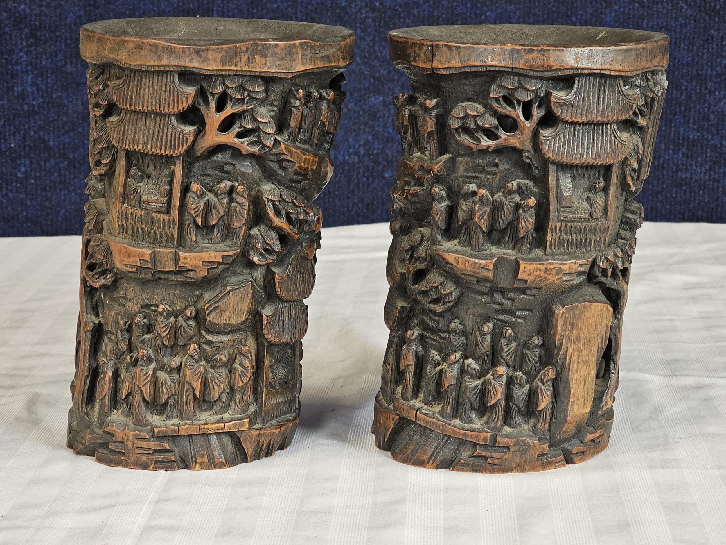 A Chinese God Longevity lamp along with two Chinese Bamboo brush pots. Vase is H.60cm. Pots are H.19 - Image 2 of 6