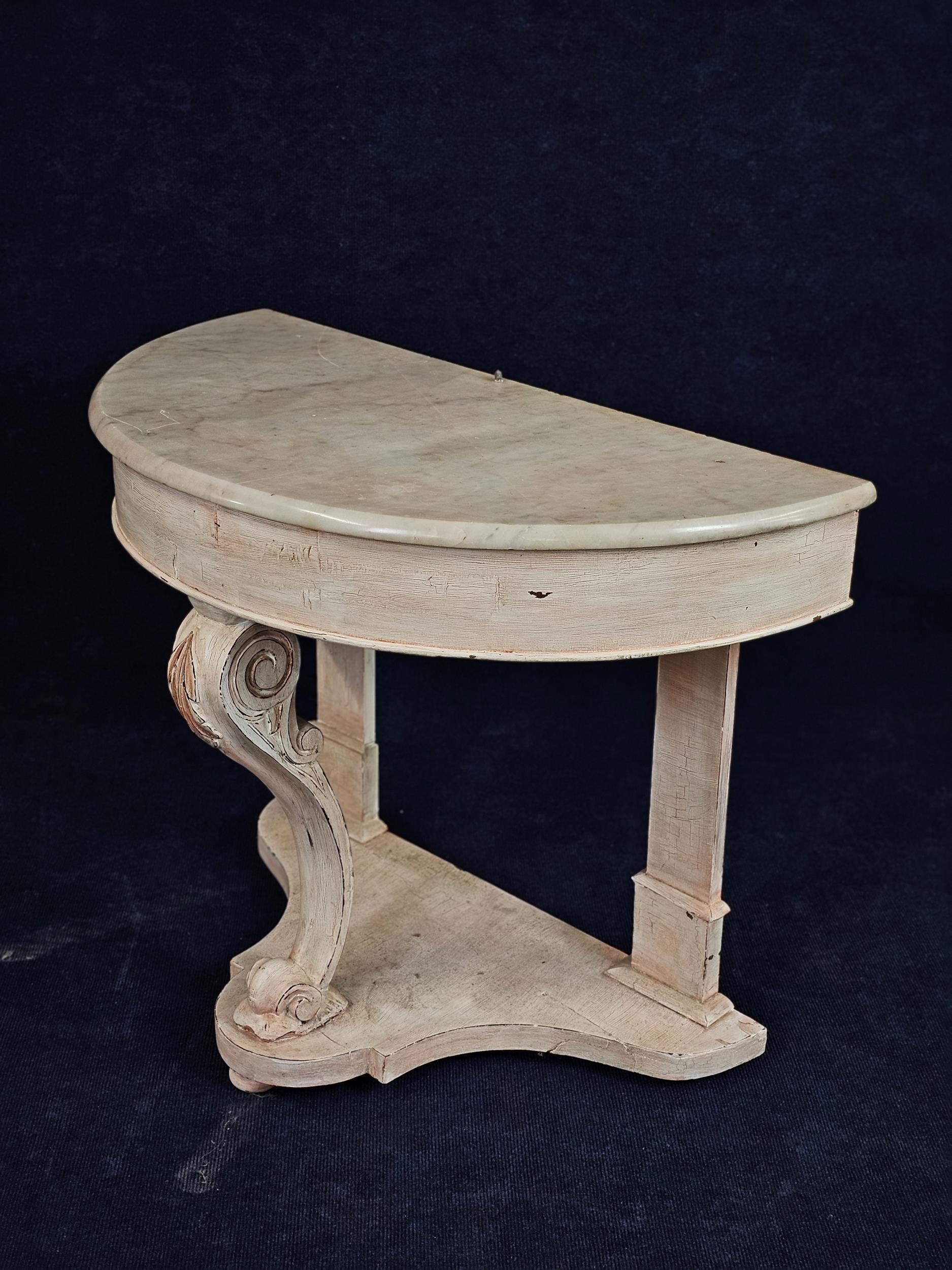 A Victorian distressed painted console table with marble top. (Raised back panel missing as - Image 2 of 5