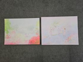 Two signed unframed modern acrylic paintings on board. H.50 W.70cm.
