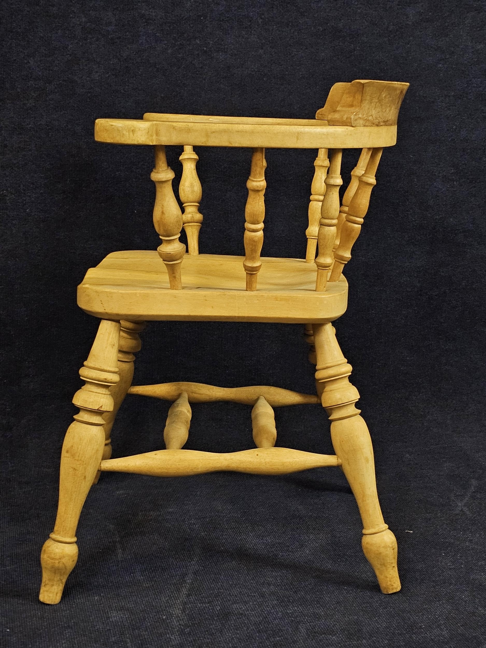 A set of four pitch pine smokers bow back armchairs. - Image 6 of 7