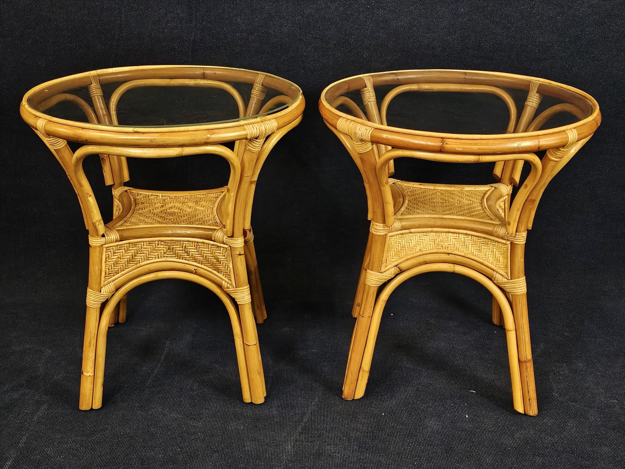 A pair of bamboo conservatory tables with plate glass tops. H.75 W.65 D.65cm.