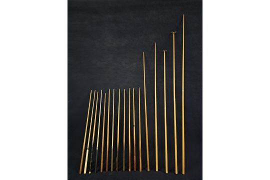 A collection of pool cues and rests. Longest is L.270cm. - Image 1 of 3