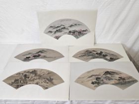 A collection of five Japanese fan prints on fabric. H.43 W.64cm.