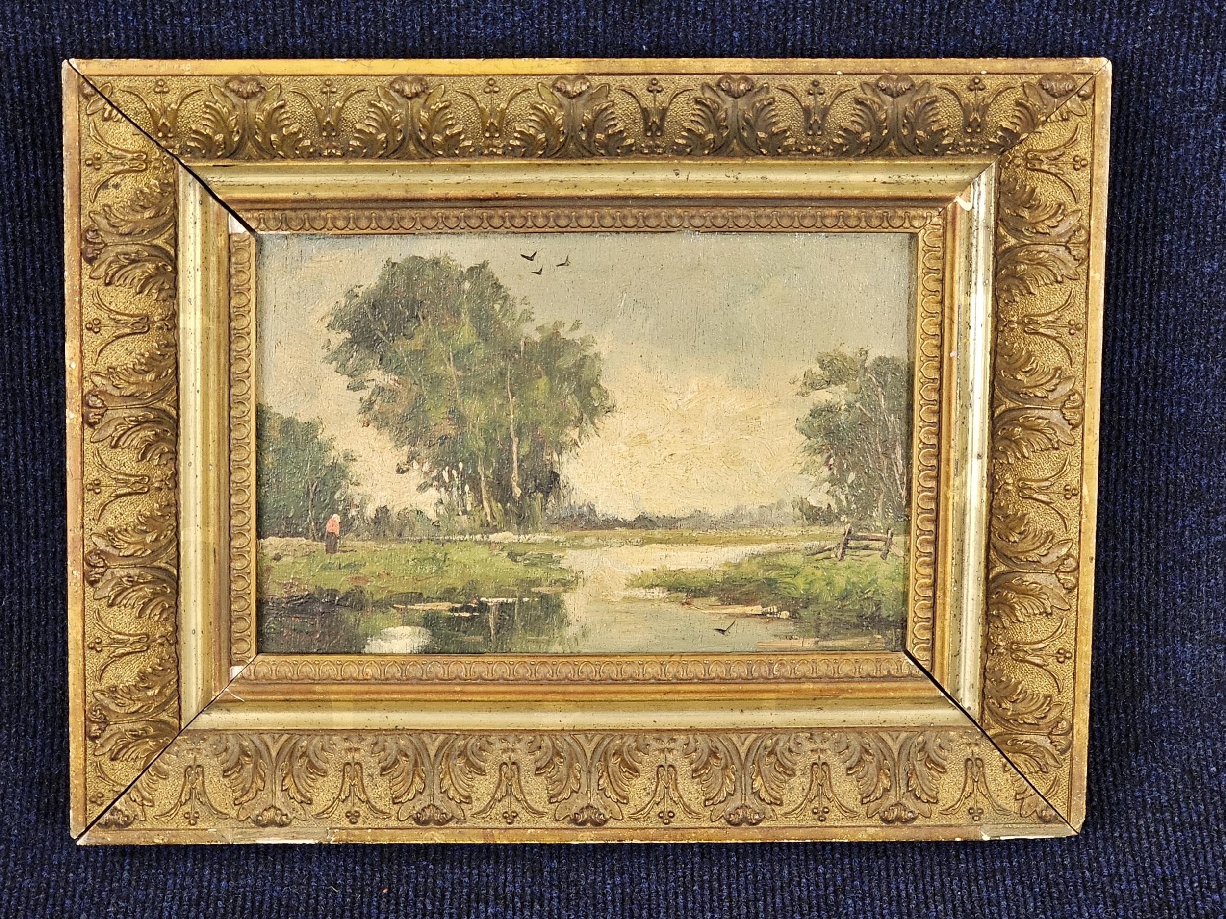 A 19th century oil on panel, riverscape, gilt framed. H.31 W.40cm. - Image 2 of 5