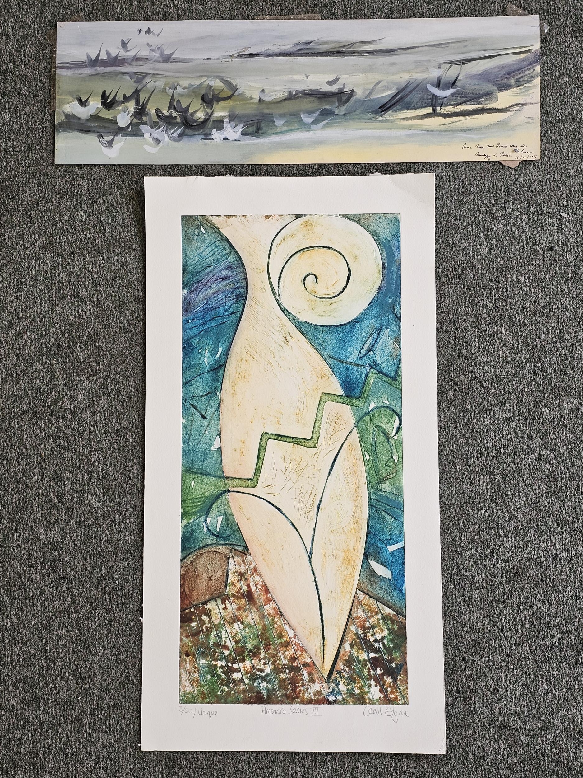 Two unframed watercolours mounted on card. Largest is H.58 W.30cm.