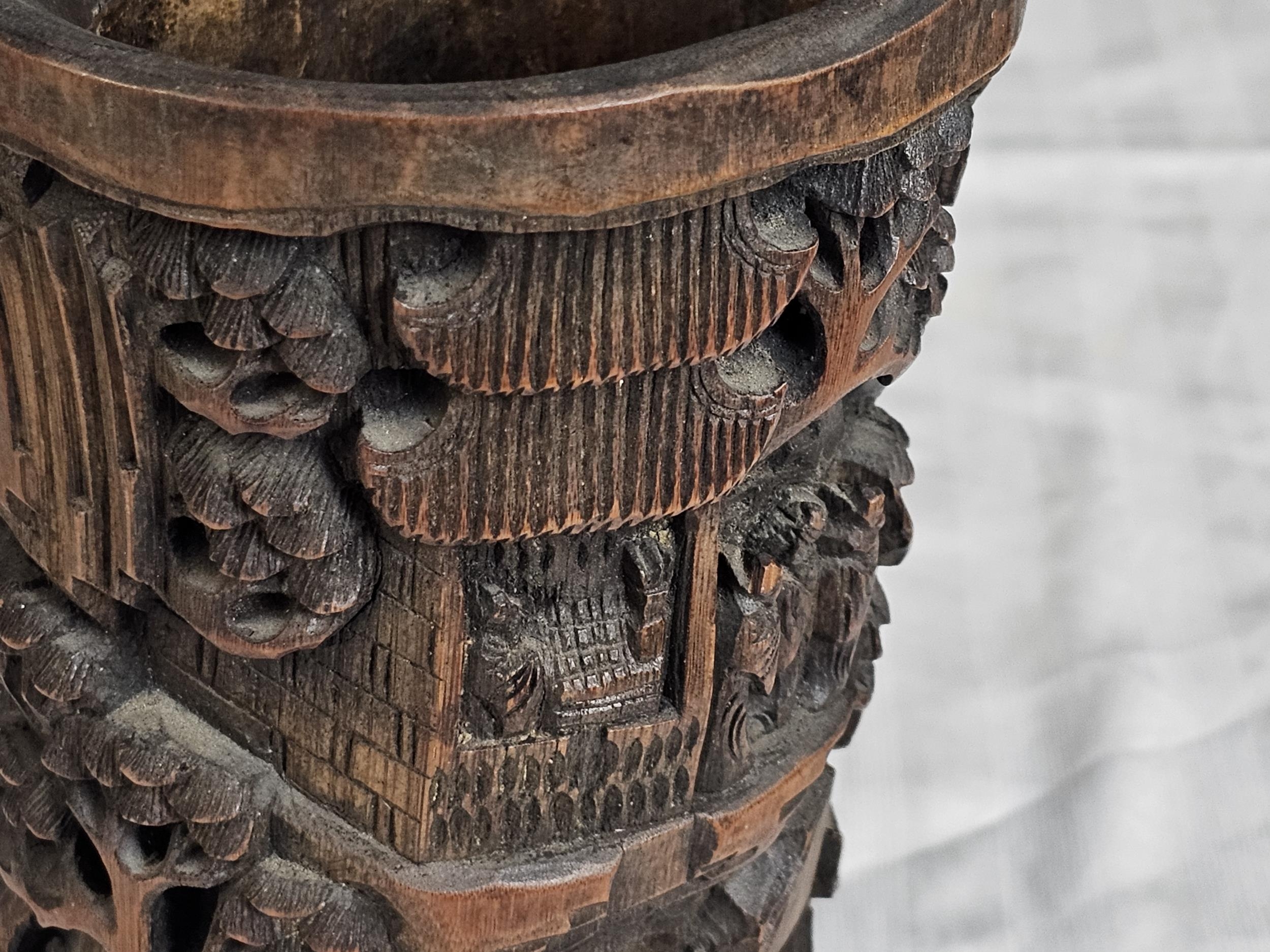 A Chinese God Longevity lamp along with two Chinese Bamboo brush pots. Vase is H.60cm. Pots are H.19 - Image 5 of 6