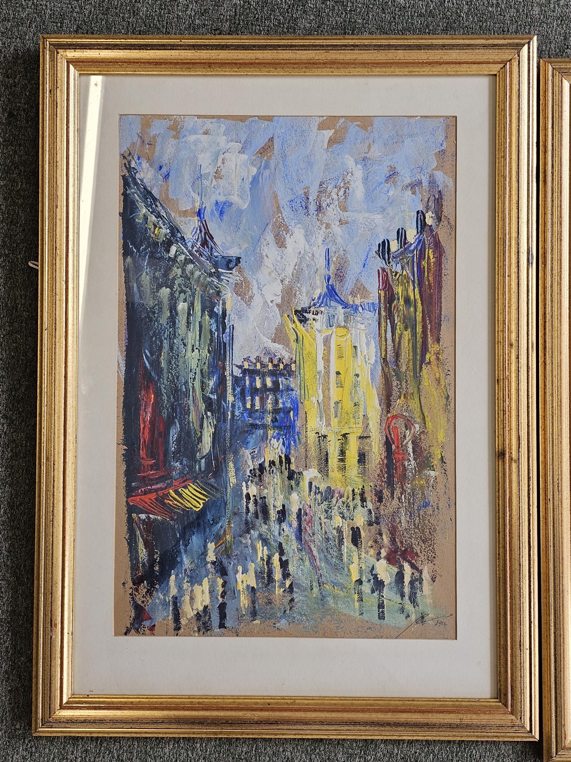 A pair of framed mid century impasto cityscape works, indistinctly signed. H.60 W.43cm. - Image 2 of 8