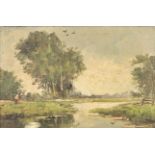 A 19th century oil on panel, riverscape, gilt framed. H.31 W.40cm.