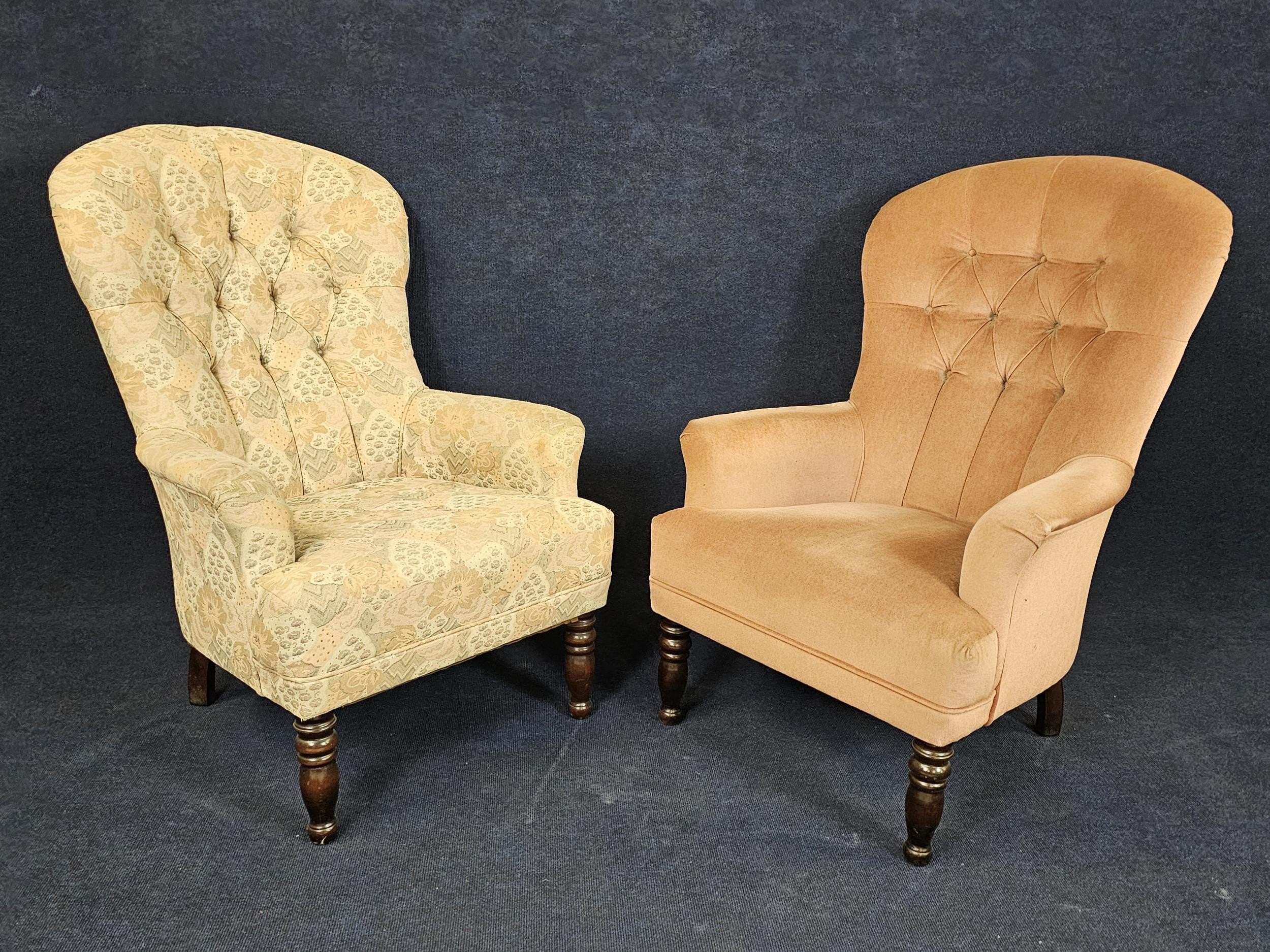 A pair of Victorian style armchairs in differing upholstery. - Image 2 of 3