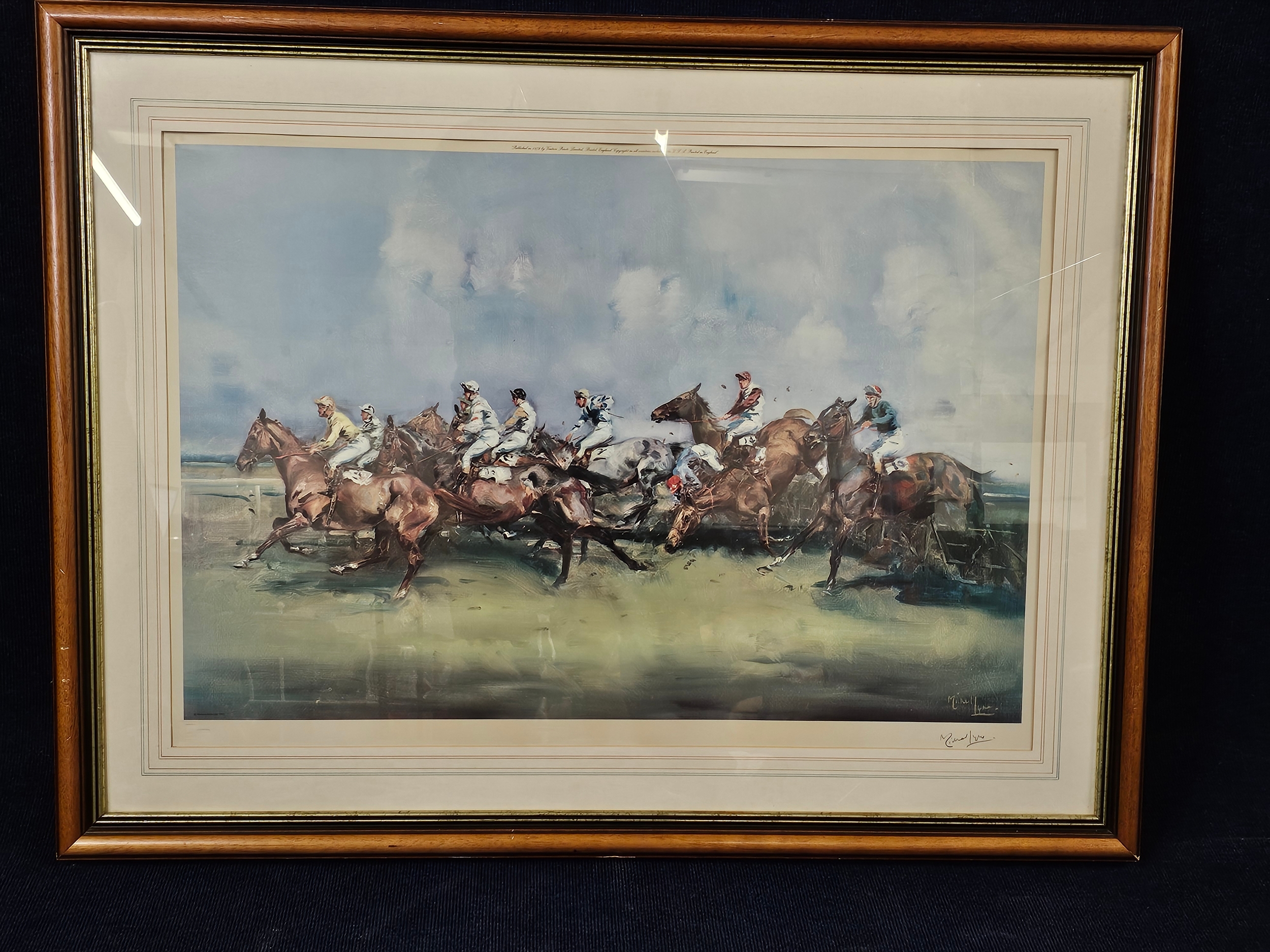 A large framed and glazed signed limited edition horse racing print. H.80 W.120cm. - Image 2 of 5