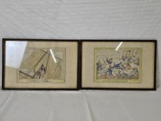 A pair of 19th century hand coloured etchings, Mr B mastheaded and another, framed and glazed. H.