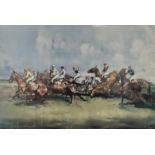 A large framed and glazed signed limited edition horse racing print. H.80 W.120cm.