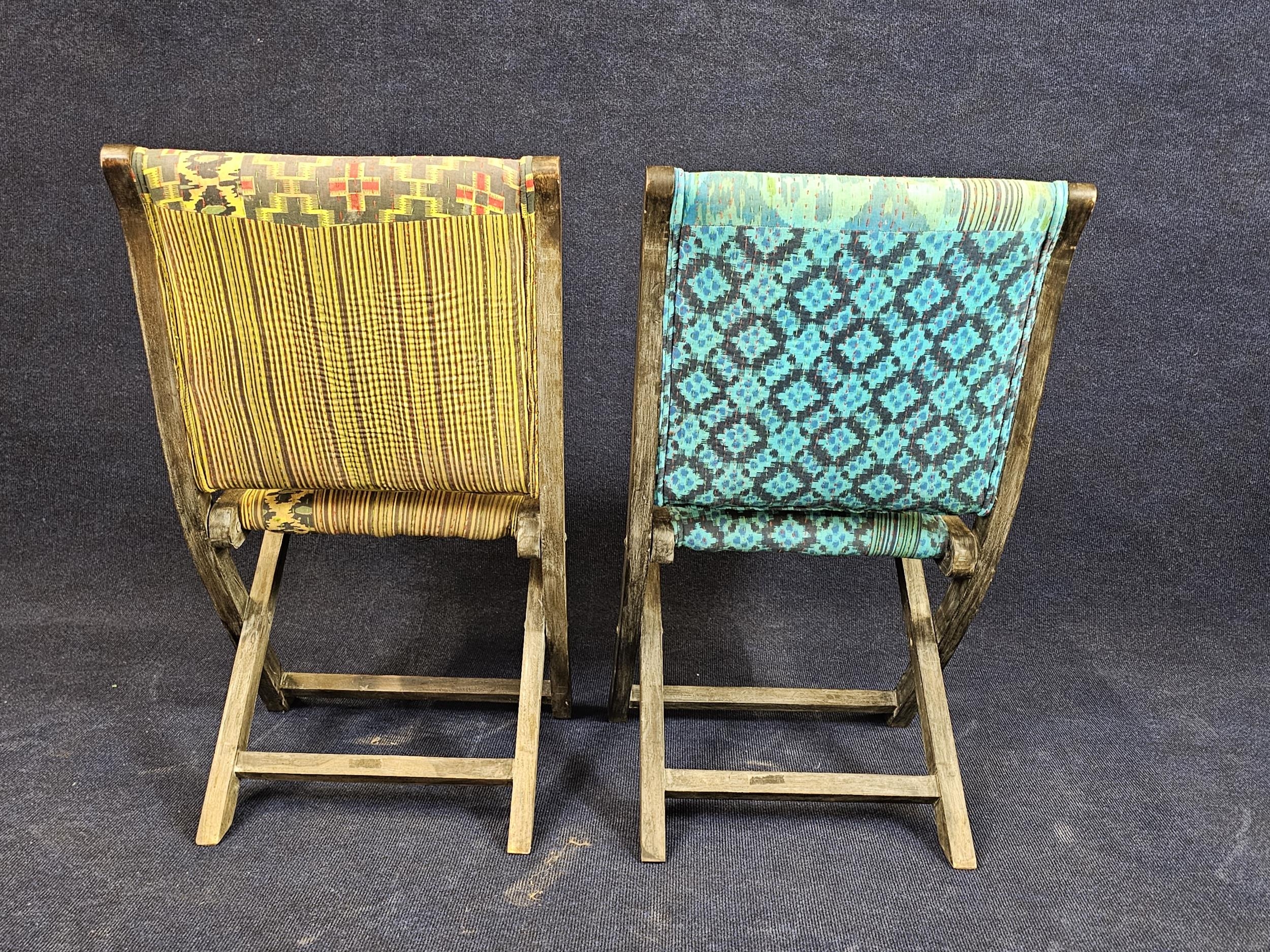 A pair of vintage upholstered folding chairs with teak frames. - Image 6 of 6