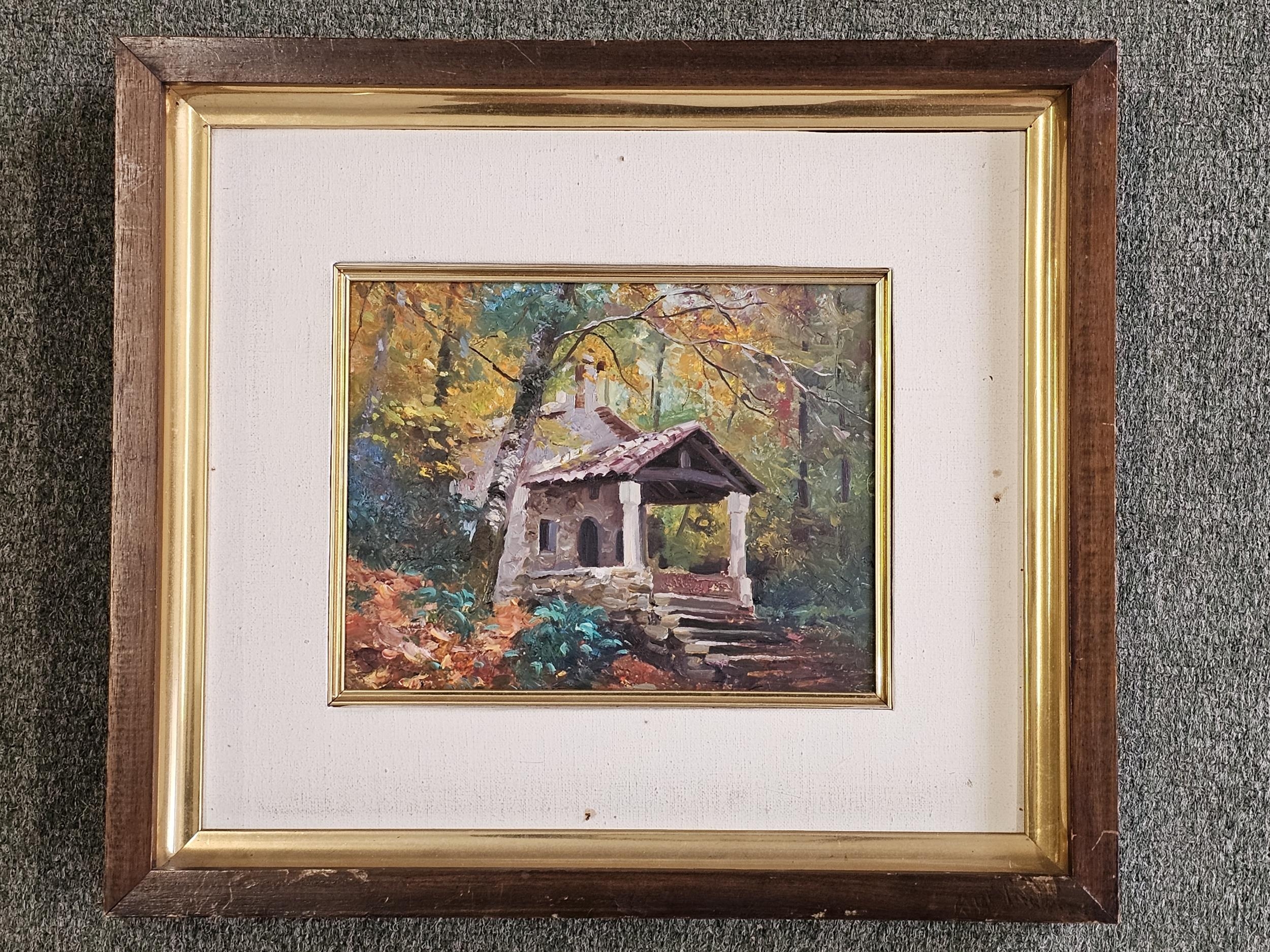 A framed oil on card, a church portico, unsigned. H.37 W.43cm. - Image 2 of 4