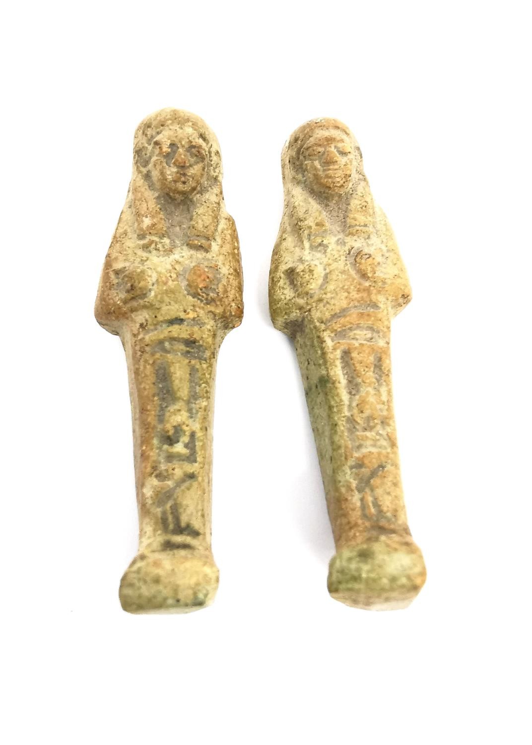 Three Egyptian-style clay ushabti figures, one larger and two small. Each one with incised - Image 3 of 8