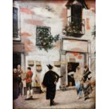 A carved giltwood framed 19th century oil on canvas of Spanish cobbled street scene with two