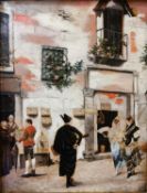 A carved giltwood framed 19th century oil on canvas of Spanish cobbled street scene with two