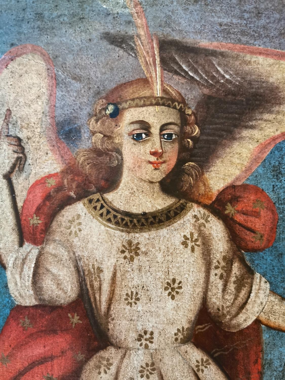 Cusco school, early 20th century oil on canvas of archangel Gabriel. Signed Siglo and dated. Framed. - Image 6 of 7