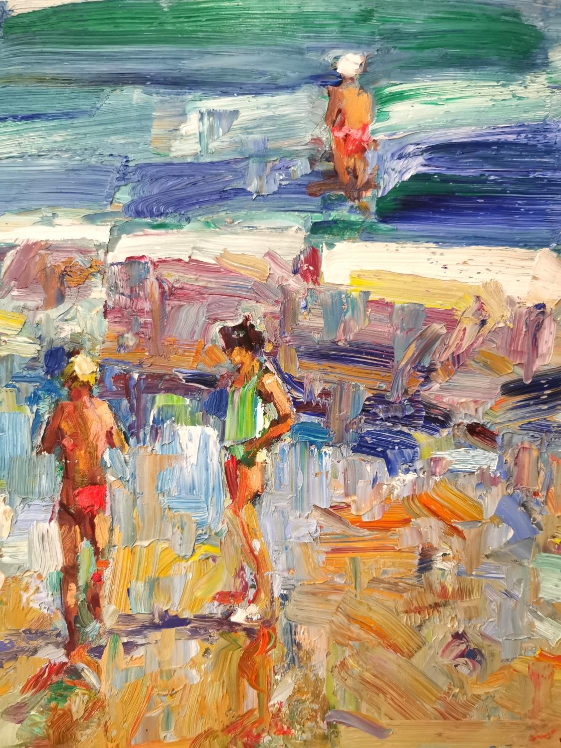 Ken Moroney, British, (1949 - 2018), oil on board, children playing at the beach. Signed. L.67 H. - Image 5 of 8
