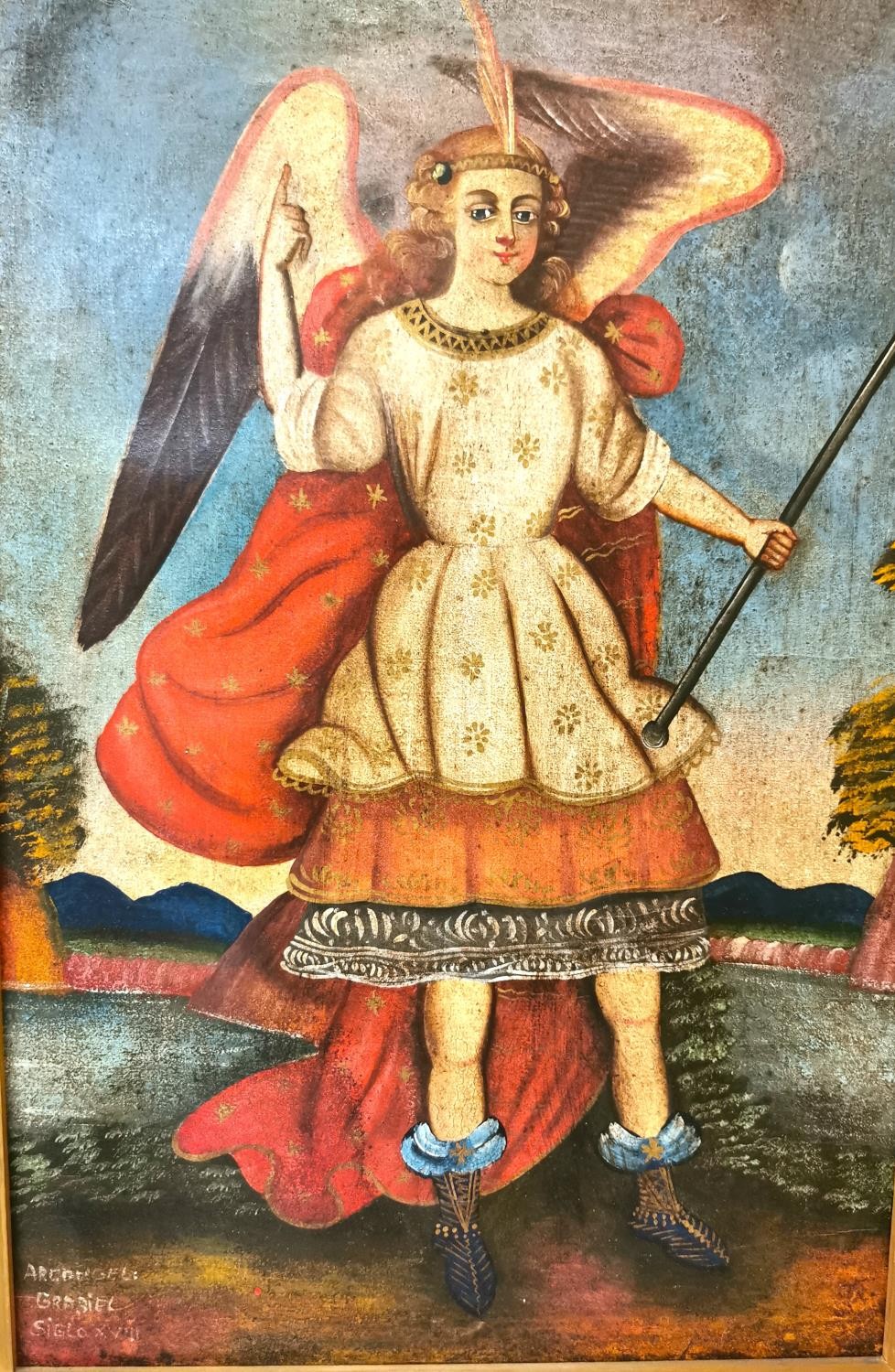 Cusco school, early 20th century oil on canvas of archangel Gabriel. Signed Siglo and dated. Framed.