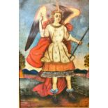 Cusco school, early 20th century oil on canvas of archangel Gabriel. Signed Siglo and dated. Framed.