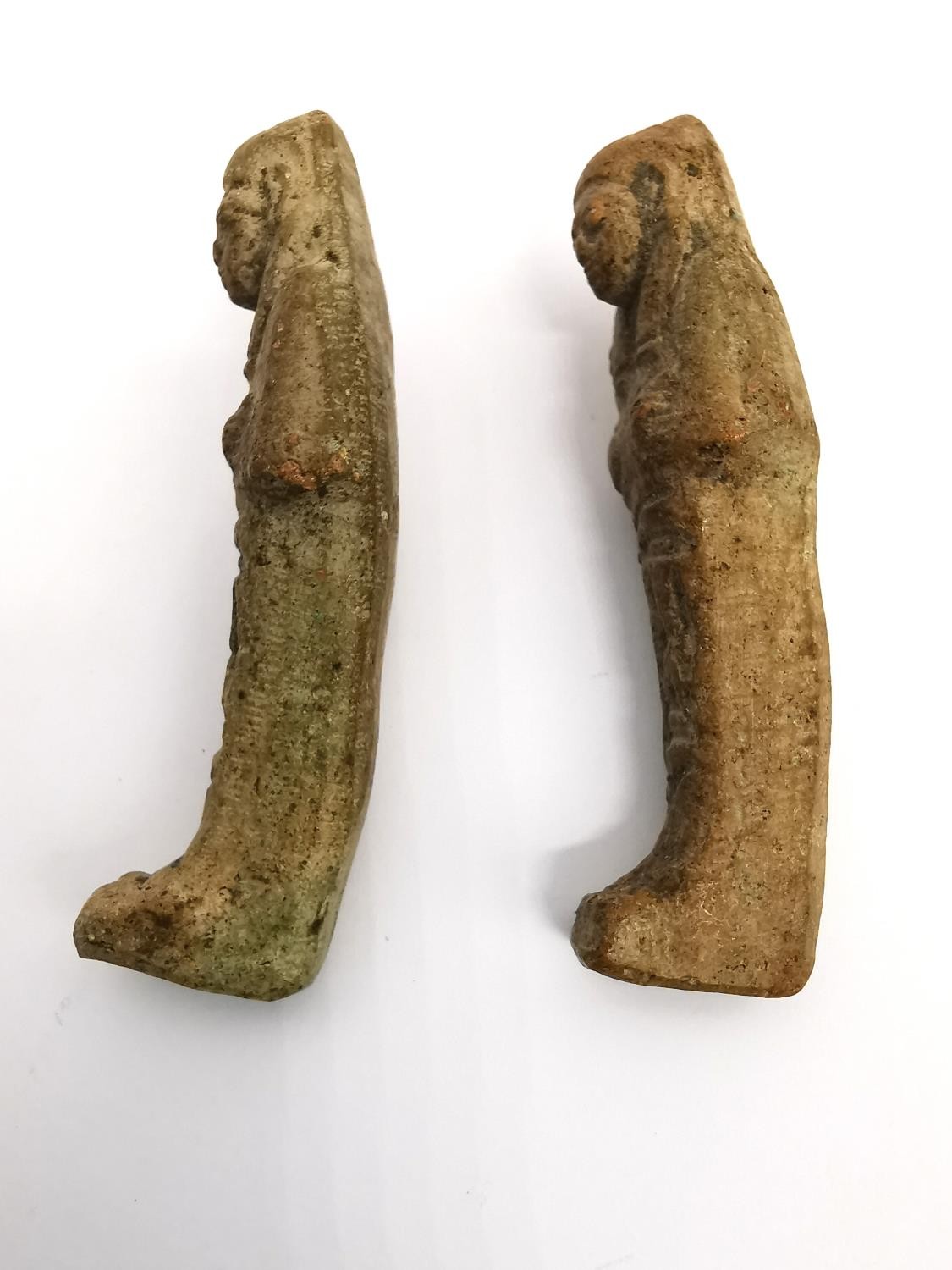 Three Egyptian-style clay ushabti figures, one larger and two small. Each one with incised - Image 4 of 8