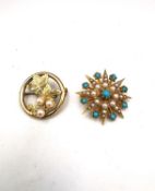 A Victorian 9ct yellow gold gold seed pearl and turquoise set star brooch/pendant along with a