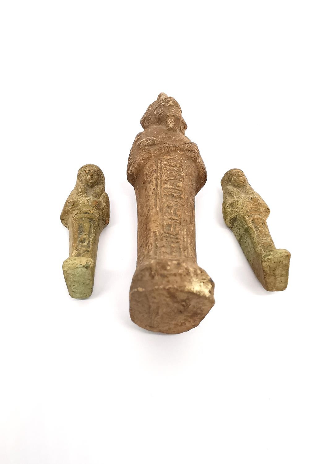 Three Egyptian-style clay ushabti figures, one larger and two small. Each one with incised - Image 2 of 8