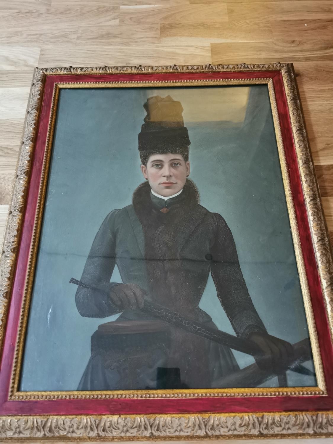 A 19th century oil on canvas on board portrait of a Russian lady in hat and fur collar coat. - Image 5 of 6