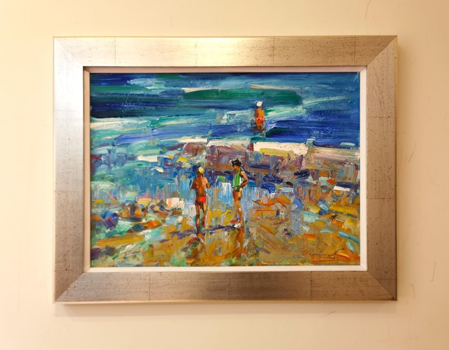 Ken Moroney, British, (1949 - 2018), oil on board, children playing at the beach. Signed. L.67 H. - Image 2 of 8